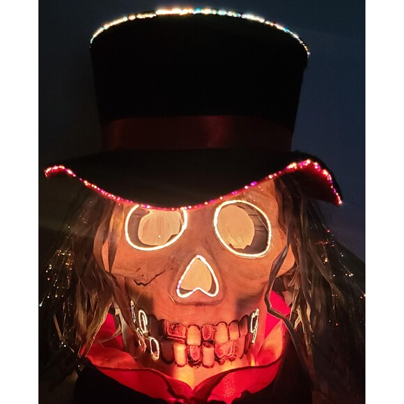 Fiber Optic Skeleton Skull Scarecrow In Top Hat Halloween
